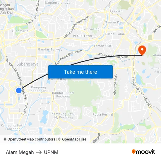 Alam Megah to UPNM map