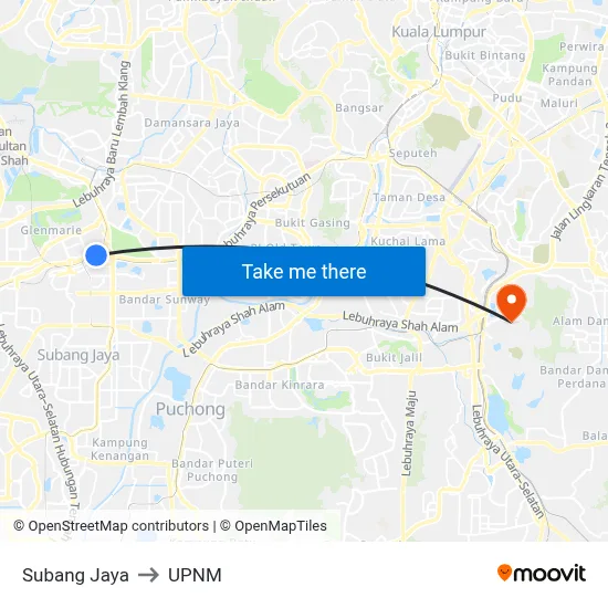 Subang Jaya to UPNM map