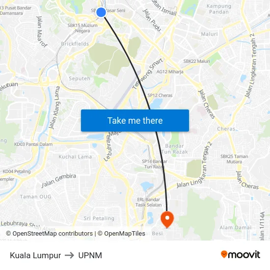 Kuala Lumpur to UPNM map
