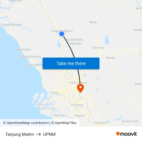 Tanjung Malim to UPNM map