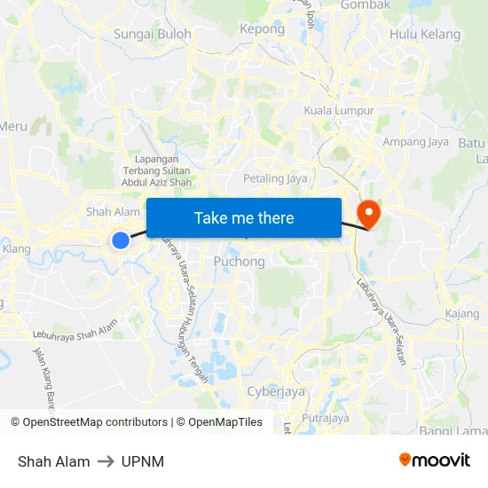 Shah Alam to UPNM map