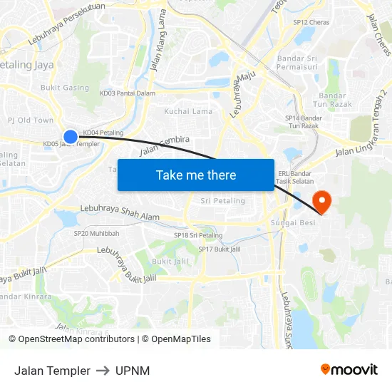 Jalan Templer to UPNM map