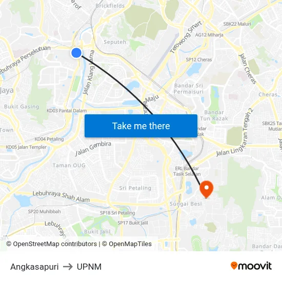 Angkasapuri to UPNM map