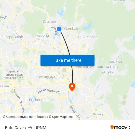 Batu Caves to UPNM map