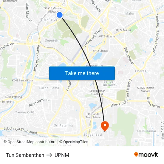 Tun Sambanthan to UPNM map