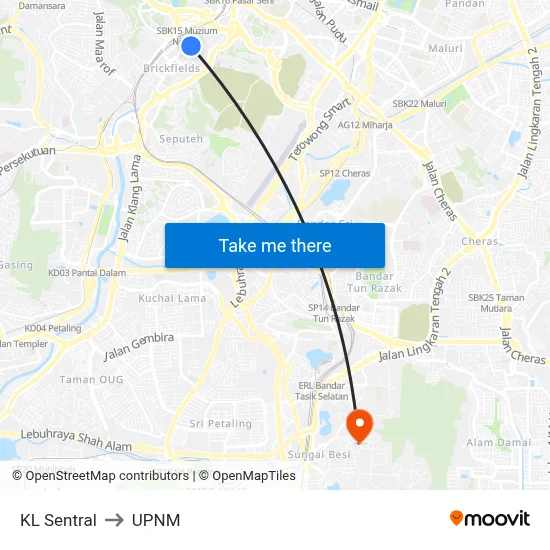 KL Sentral to UPNM map