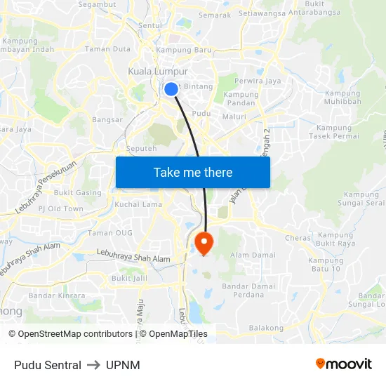 Pudu Sentral to UPNM map