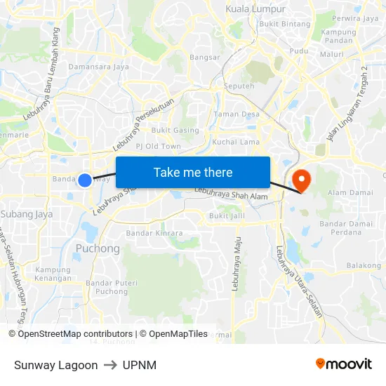 Sunway Lagoon to UPNM map