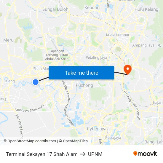 Terminal Seksyen 17 Shah Alam to UPNM map