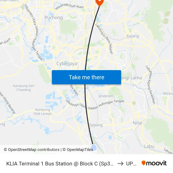 KLIA Terminal 1 Bus Station @ Block C (Sp355/Sp356) to UPNM map