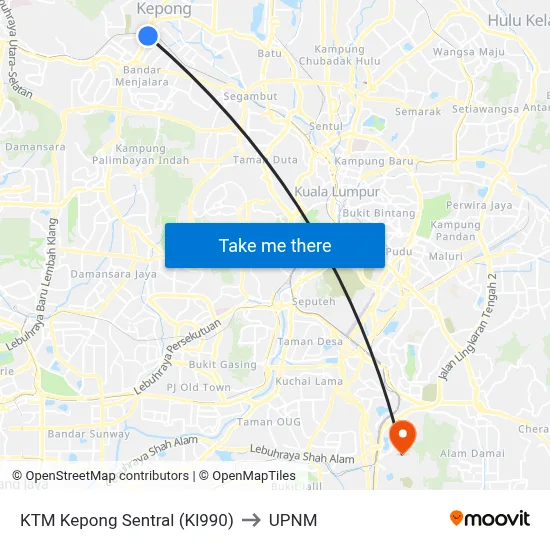 KTM Kepong Sentral (Kl990) to UPNM map