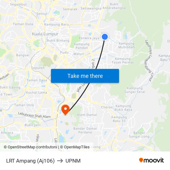 LRT Ampang (Aj106) to UPNM map