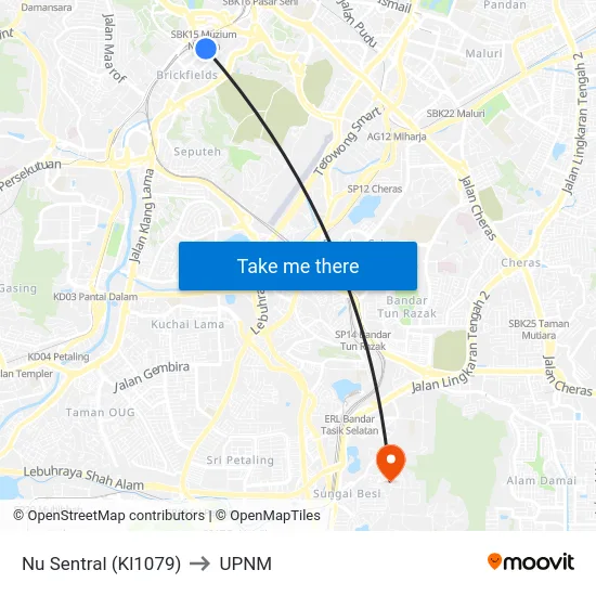 Nu Sentral (Kl1079) to UPNM map