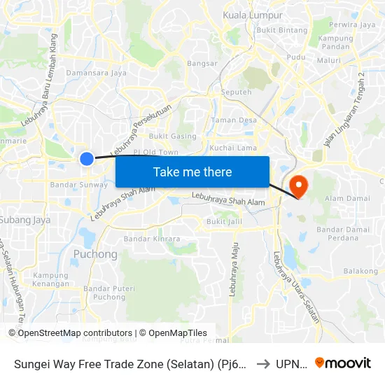Sungei Way Free Trade Zone (Selatan) (Pj611) to UPNM map