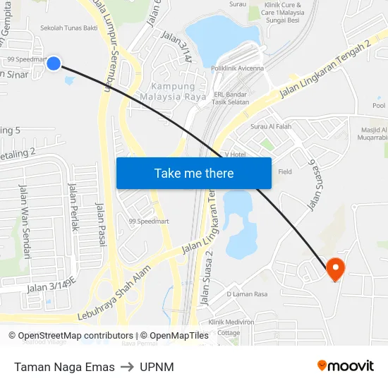 Taman Naga Emas to UPNM map