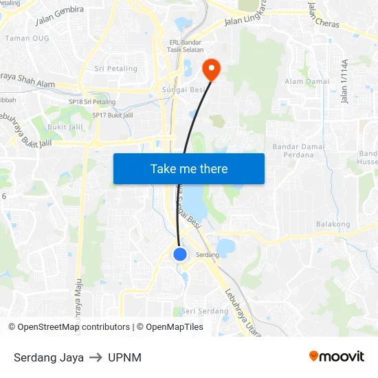 Serdang Jaya to UPNM map