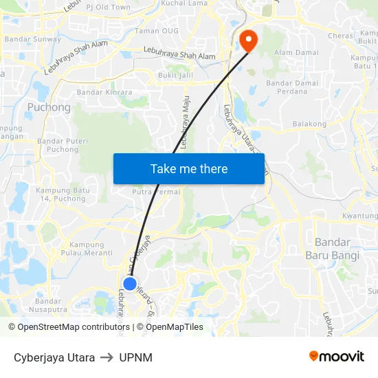 Cyberjaya Utara to UPNM map