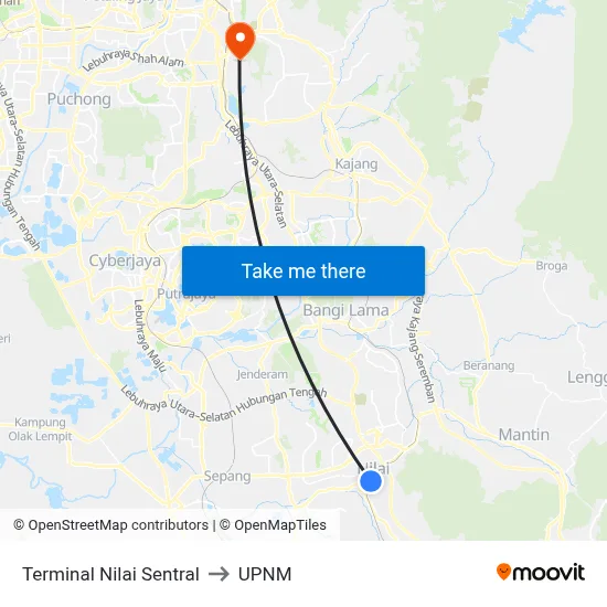 Terminal Nilai Sentral to UPNM map
