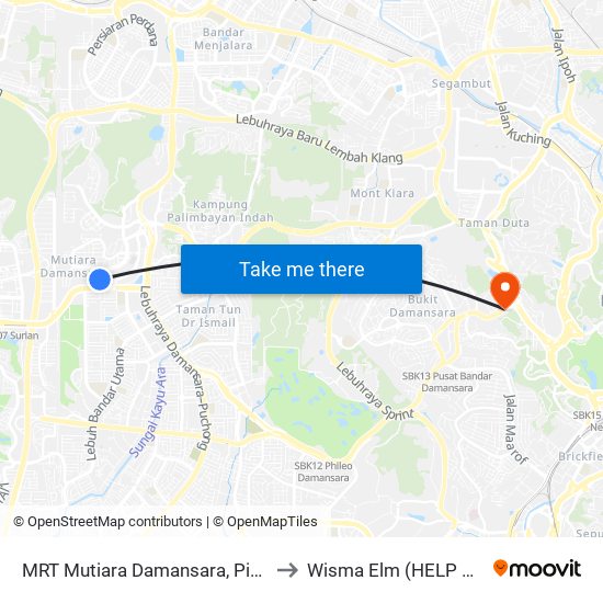 MRT Mutiara Damansara, Pintu C (Pj814) to Wisma Elm (HELP University) map