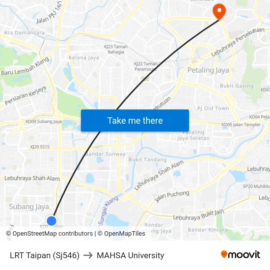 LRT Taipan (Sj546) to MAHSA University map