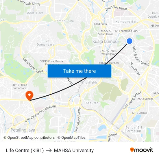 Life Centre (Kl81) to MAHSA University map