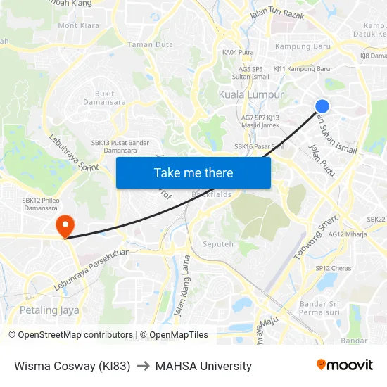 Wisma Cosway (Kl83) to MAHSA University map