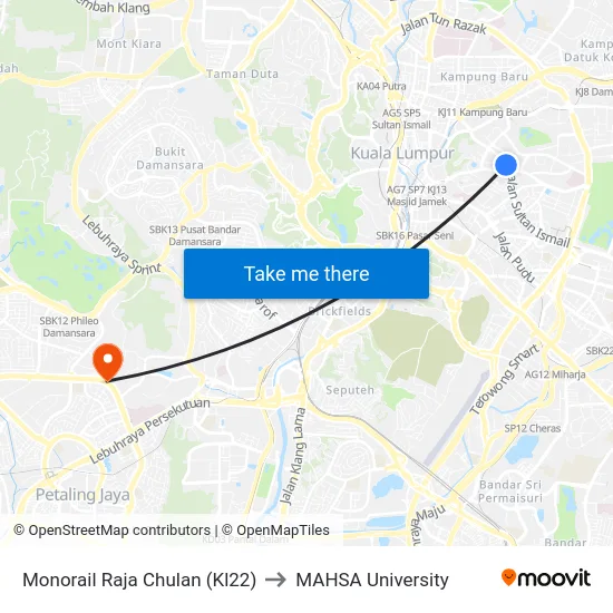 Monorail Raja Chulan (Kl22) to MAHSA University map