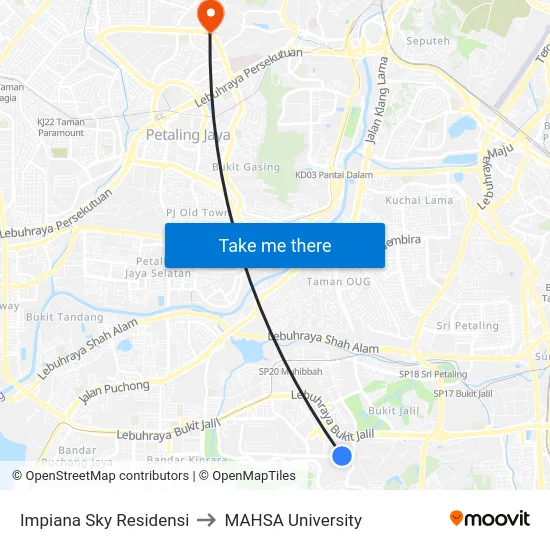 Impiana Sky Residensi to MAHSA University map