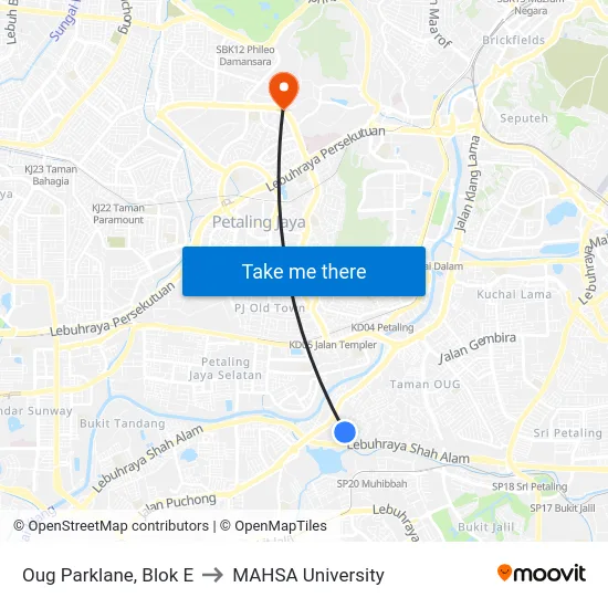 Oug Parklane, Blok E to MAHSA University map