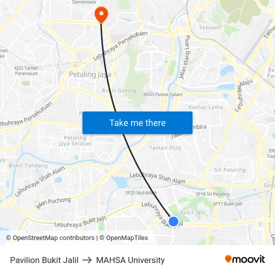 Pavilion Bukit Jalil to MAHSA University map