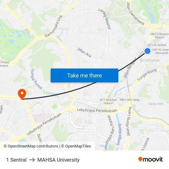 1 Sentral to MAHSA University map