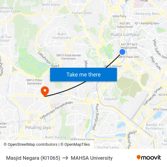 Masjid Negara (Kl1065) to MAHSA University map