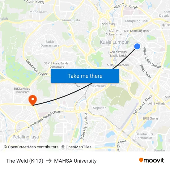 The Weld (Kl19) to MAHSA University map