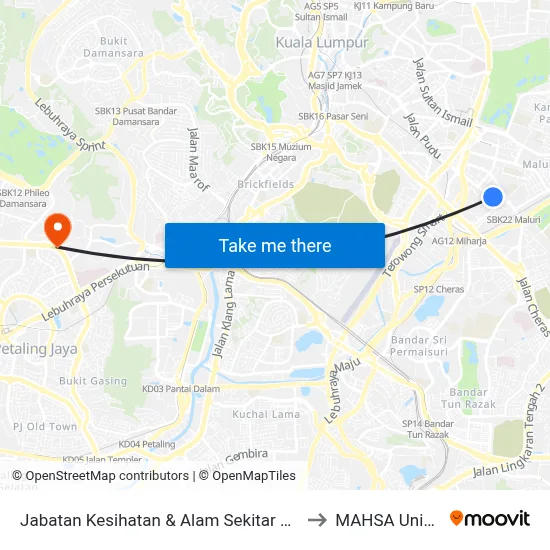 Jabatan Kesihatan & Alam Sekitar DBKL (Kl362) to MAHSA University map