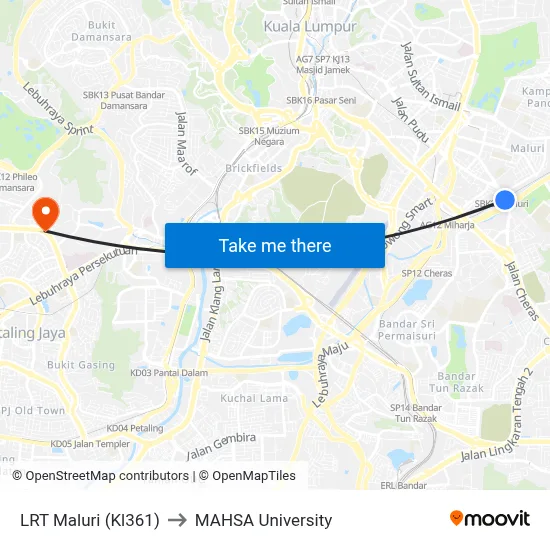 LRT Maluri (Kl361) to MAHSA University map