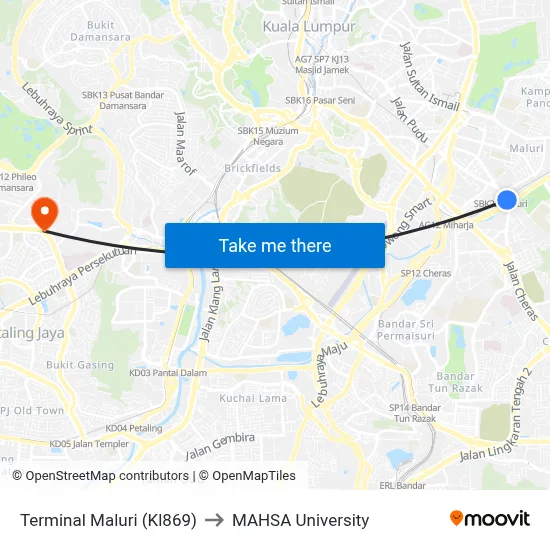 Terminal Maluri (Kl869) to MAHSA University map