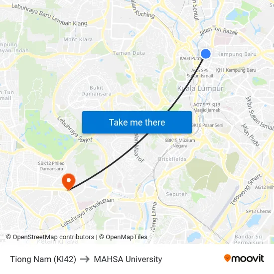 Tiong Nam (Kl42) to MAHSA University map