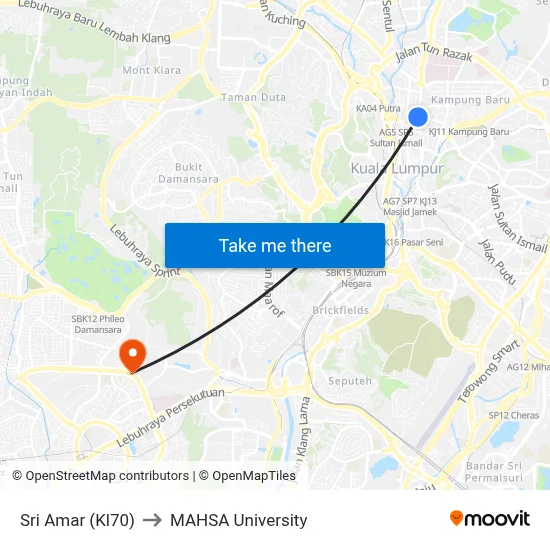 Sri Amar (Kl70) to MAHSA University map