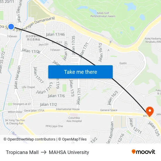Tropicana Mall to MAHSA University map