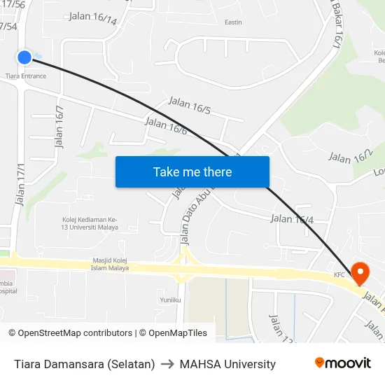 Tiara Damansara (Selatan) to MAHSA University map