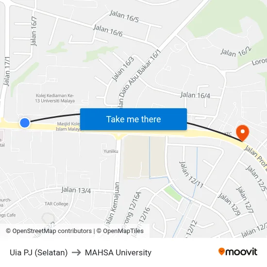 Uia PJ (Selatan) to MAHSA University map