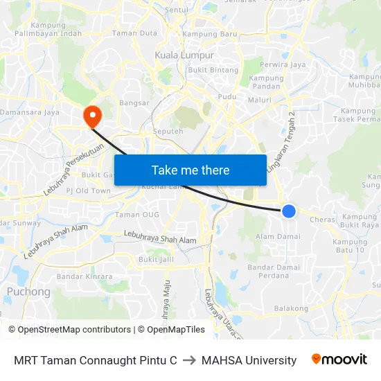 MRT Taman Connaught Pintu C to MAHSA University map