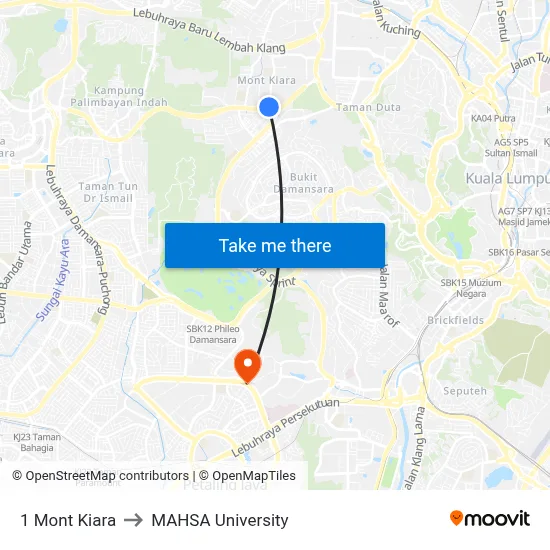 1 Mont Kiara to MAHSA University map