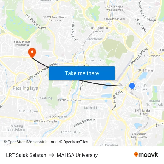 LRT Salak Selatan to MAHSA University map