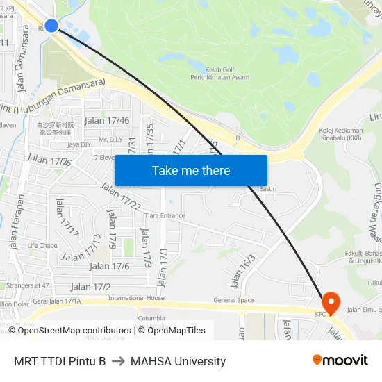 MRT TTDI Pintu B to MAHSA University map