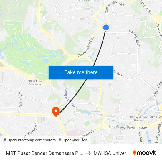 MRT Pusat Bandar Damansara Pintu A to MAHSA University map