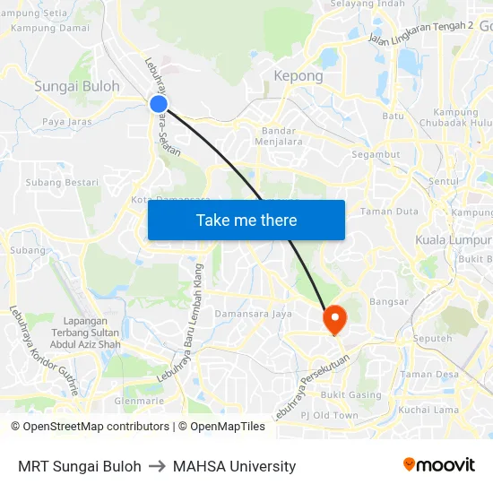 MRT Sungai Buloh to MAHSA University map