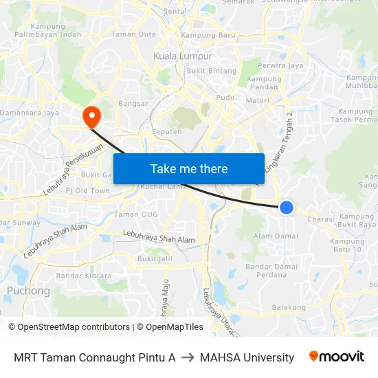 MRT Taman Connaught Pintu A to MAHSA University map