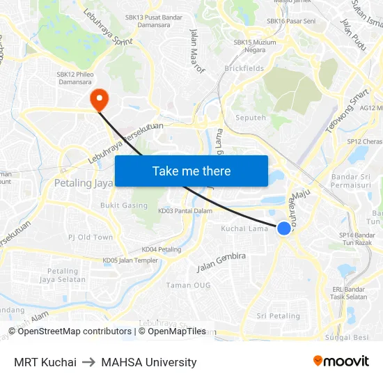 MRT Kuchai to MAHSA University map