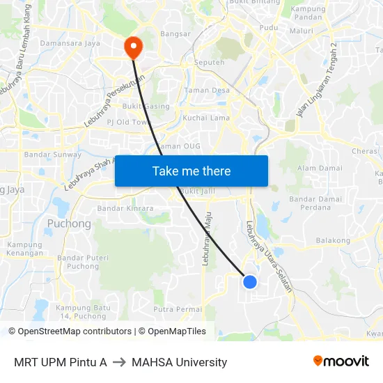 MRT UPM Pintu A to MAHSA University map